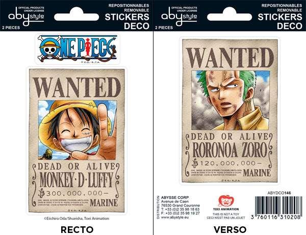 ONE PIECE MINI PEGATINAS 16x11CM WANTED LUFFY / ZORO