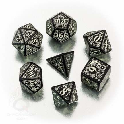 DADOS Q-WORKSHOP SET DE 7: STEAMPUNK BLACK-GLOW IN THE DARK