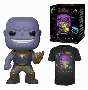 VENGADORES INFINITY WAR POP Y CAMISETA THANOS EN CAJA DE REGALO TALLA M    