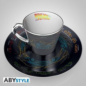 REGRESO AL FUTURO SET DE TAZA + PLATO EFECTO ESPEJO DELOREAN